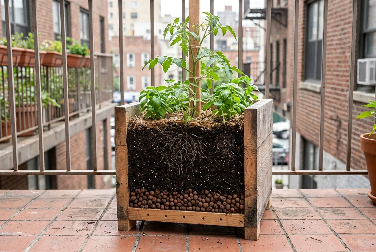 Coupe d'un bac de potager urbain : drainage en billes d'argile, terreau enrichi de compost et paillage en surface