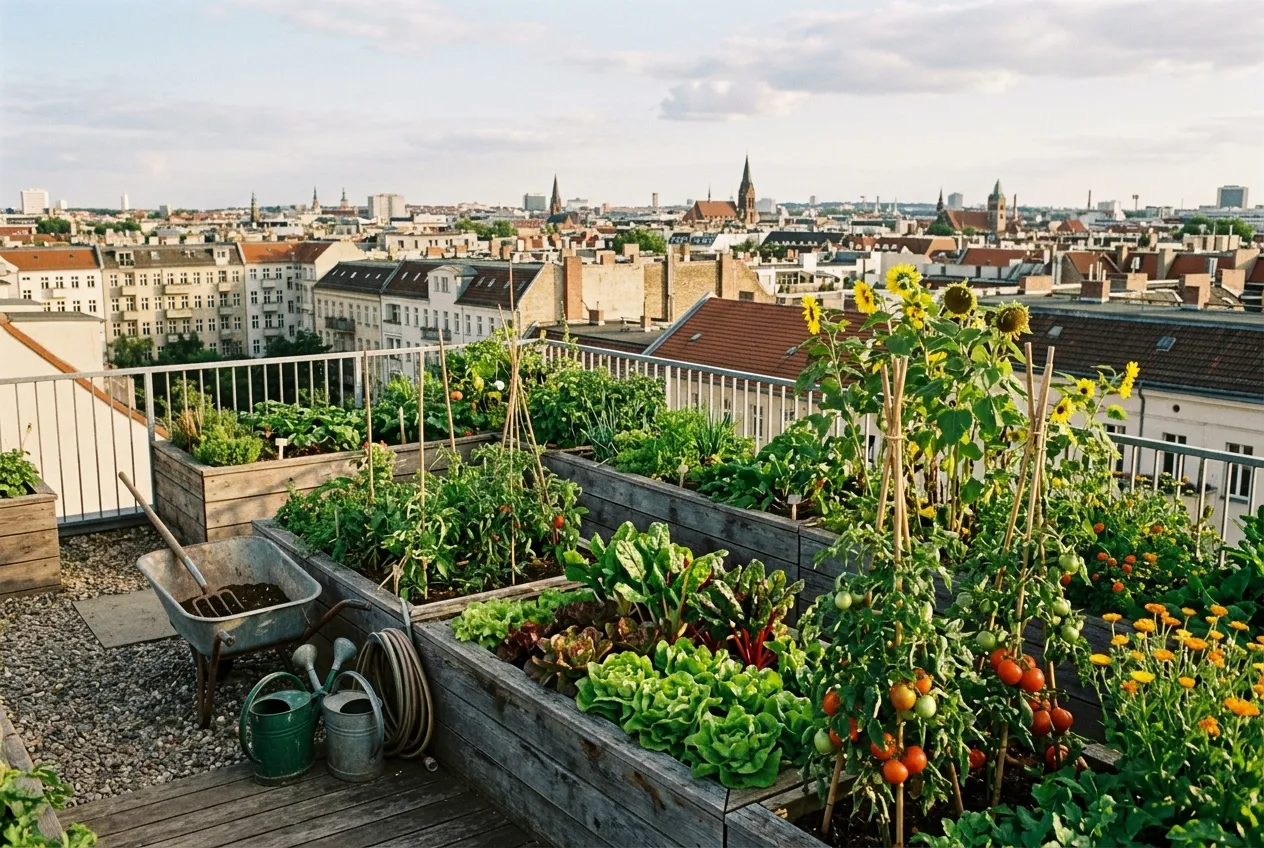 Potager en bacs sur une toiture cultivée en ville, exemple d'agriculture urbaine collective