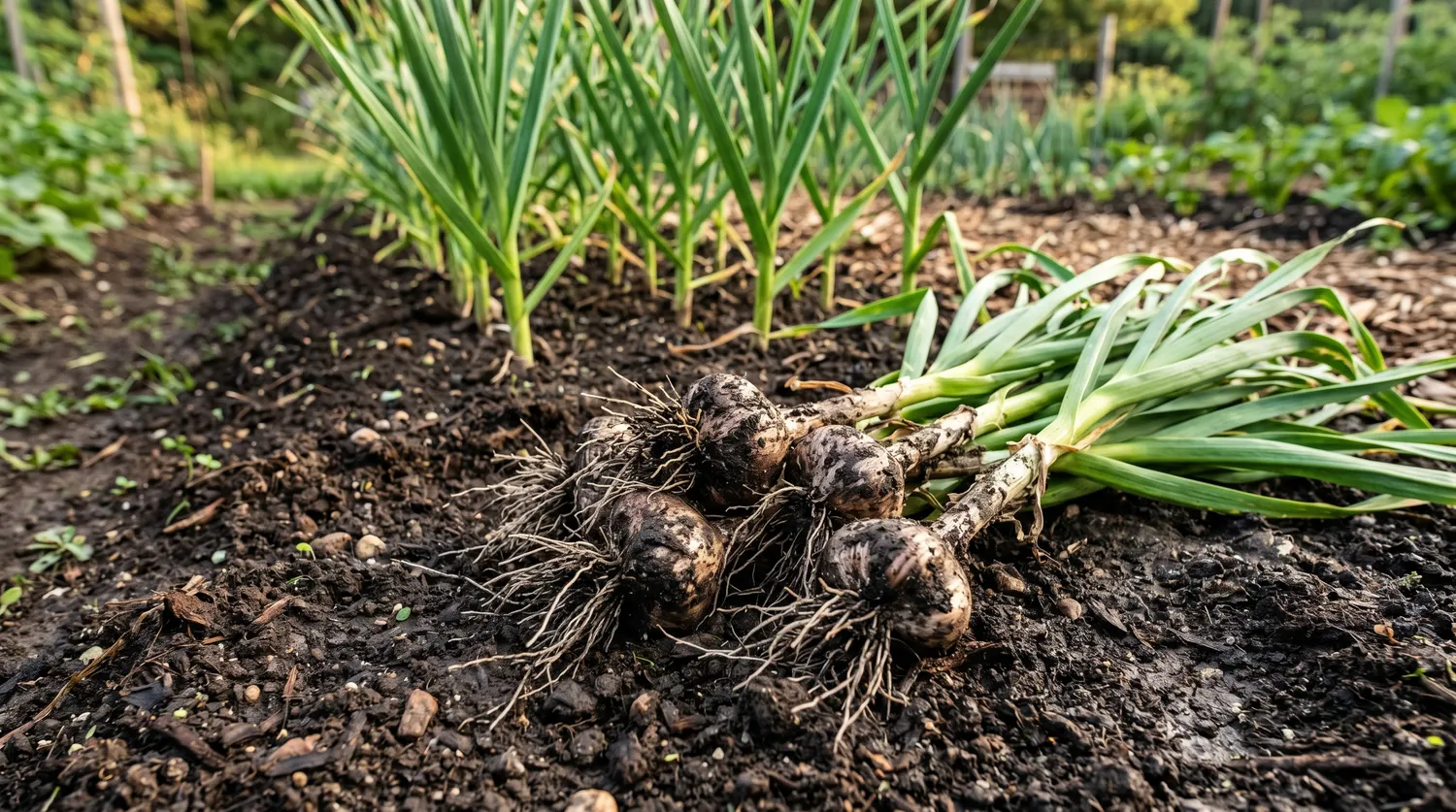 Bulbes d'ail fraîchement arrachés de la terre avec leurs tiges vertes