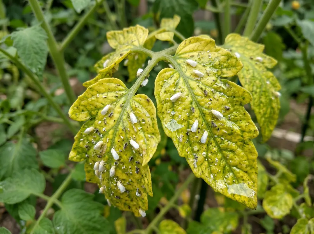 Feuilles de tomate jaunissantes et collantes à cause d'une infestation d'aleurodes