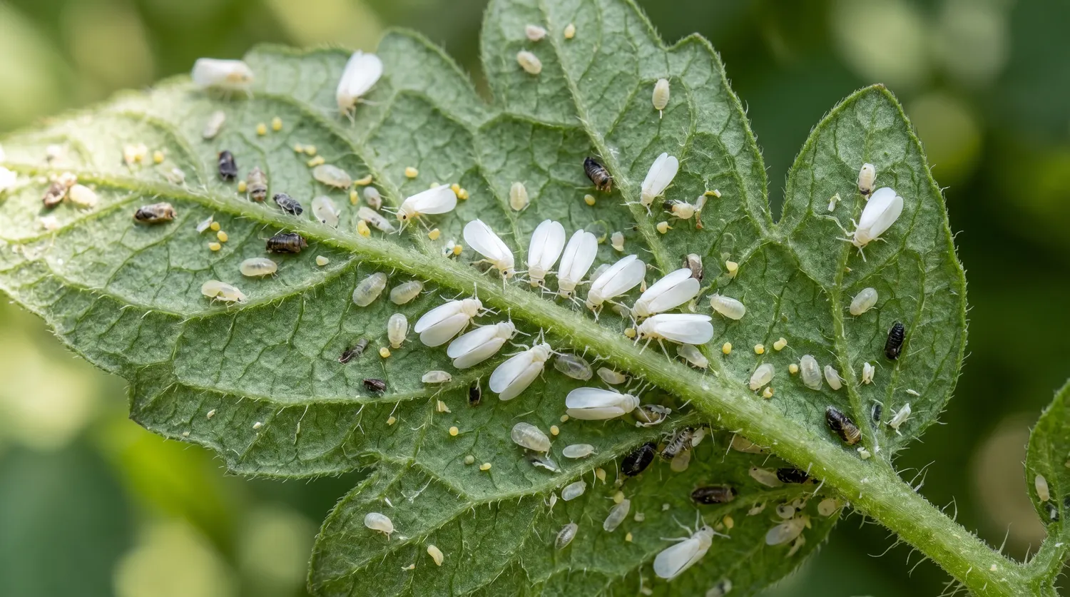 Aleurodes (mouches blanches) sur le revers d'une feuille de tomate