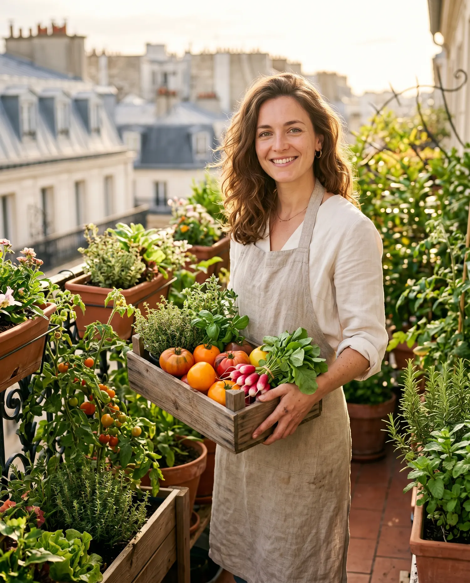 Andréa Lefèvre sur son balcon potager parisien