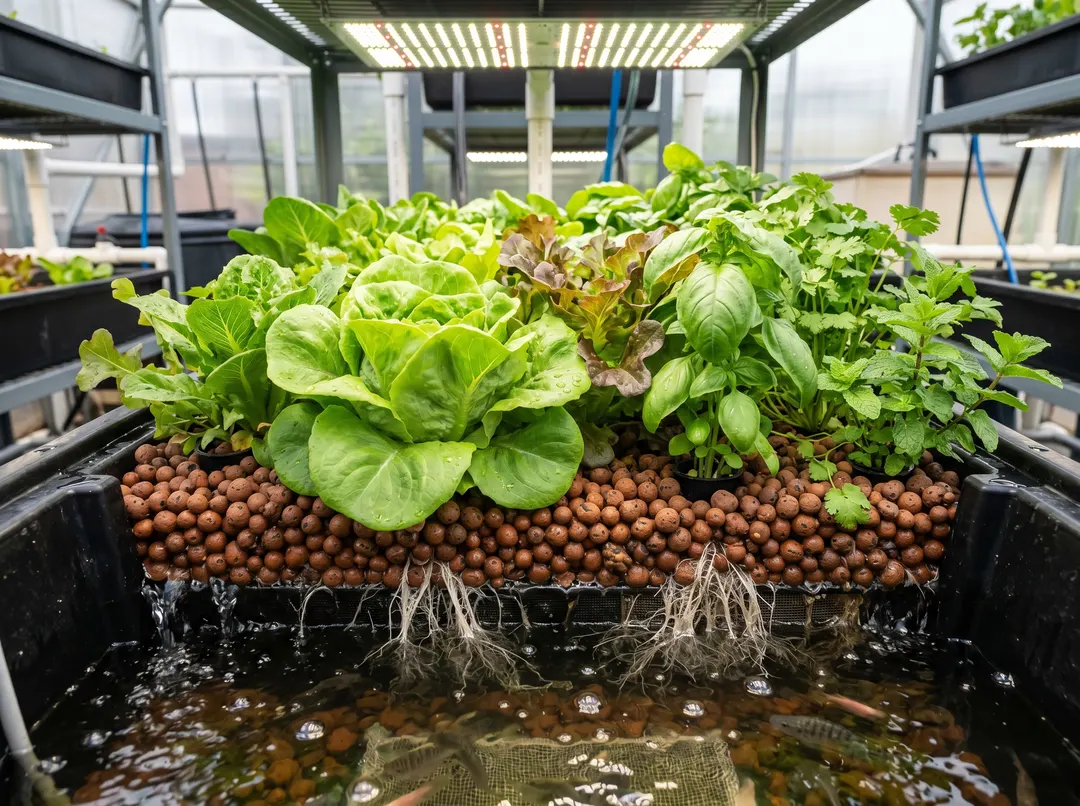Légumes-feuilles poussant sur billes d'argile au-dessus de l'eau d'un système aquaponique