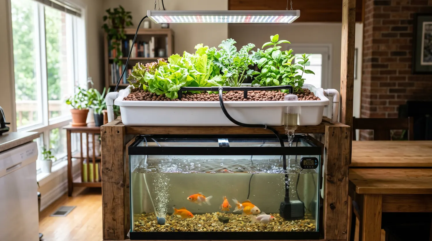 Système d'aquaponie domestique : bac à poissons surmonté d'un bac de culture de légumes-feuilles