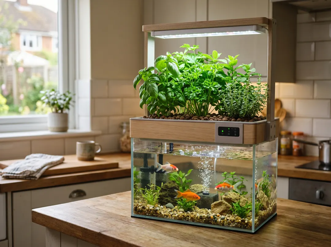 Petit kit d'aquaponie domestique sur un plan de travail : aquarium et herbes aromatiques