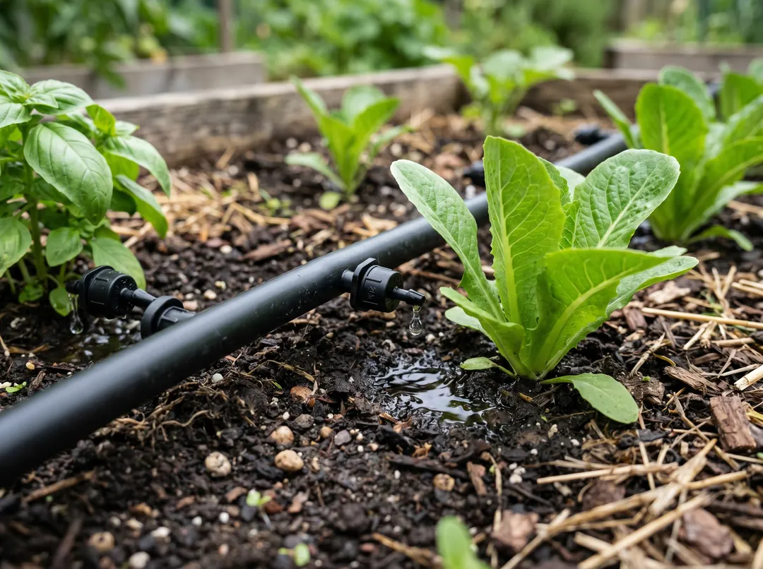 Goutteurs délivrant l'eau au pied des légumes, détail d'irrigation