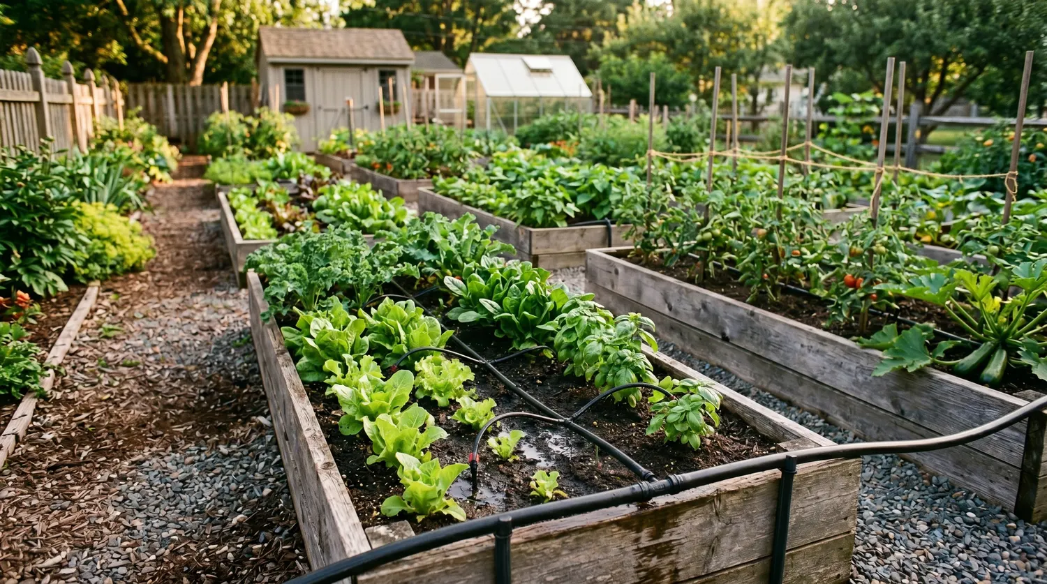 Système d'arrosage goutte-à-goutte le long de planches de potager surélevées