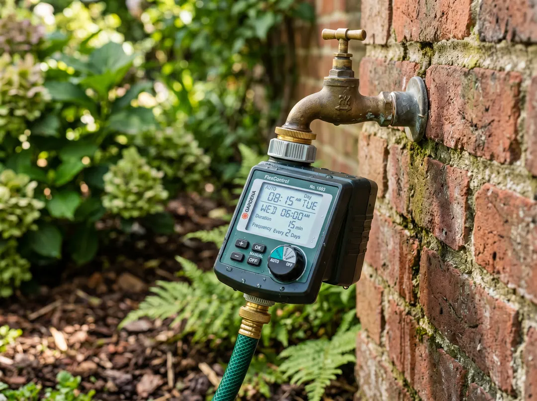 Programmateur d'arrosage fixé sur un robinet de jardin