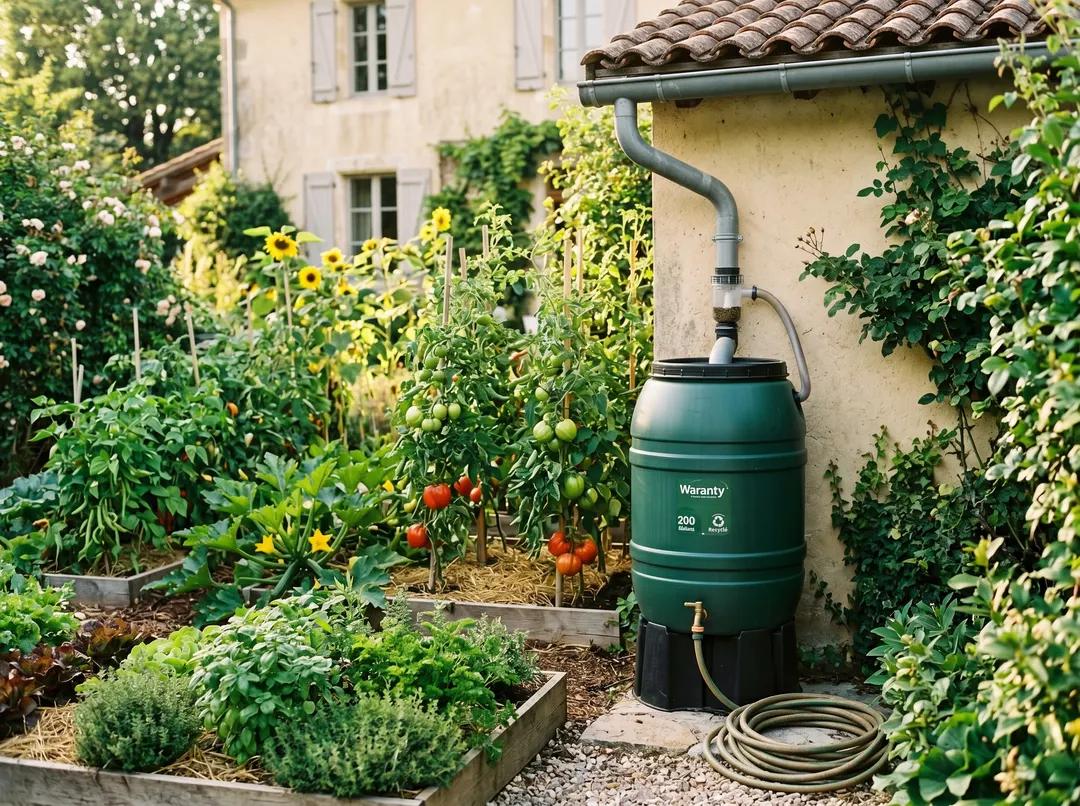 Récupérateur d’eau de pluie à côté du potager