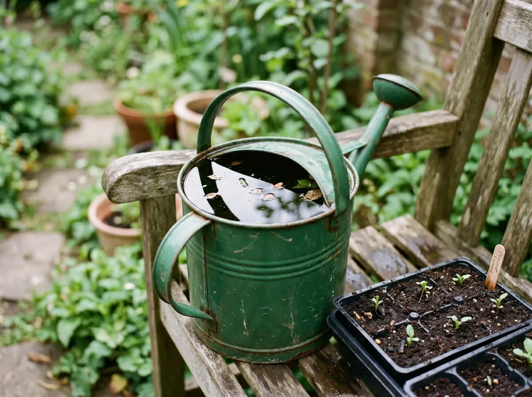 Eau de pluie récupérée dans un arrosoir à côté de plaques de semis