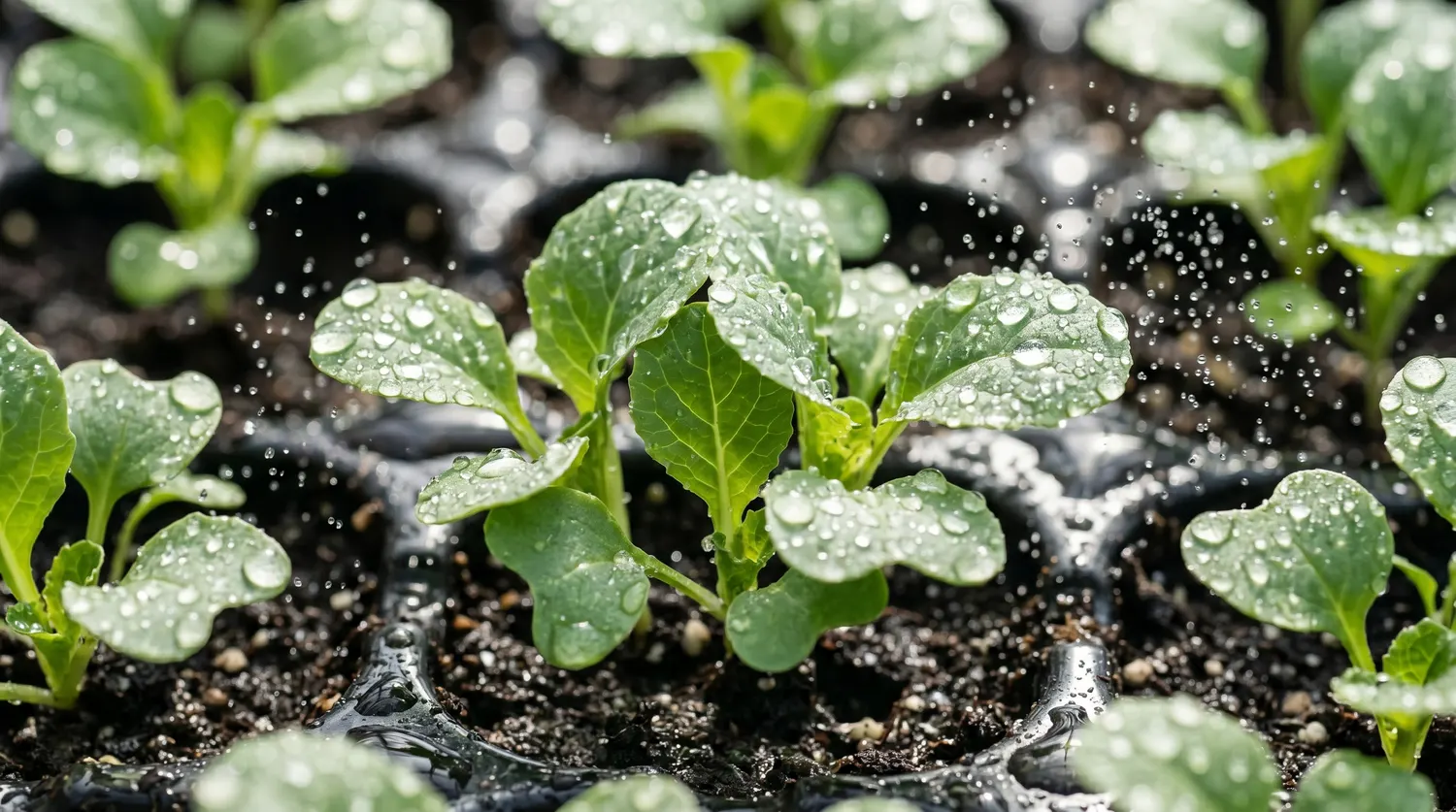 Fine pluie d’eau arrosant délicatement un plateau de jeunes semis