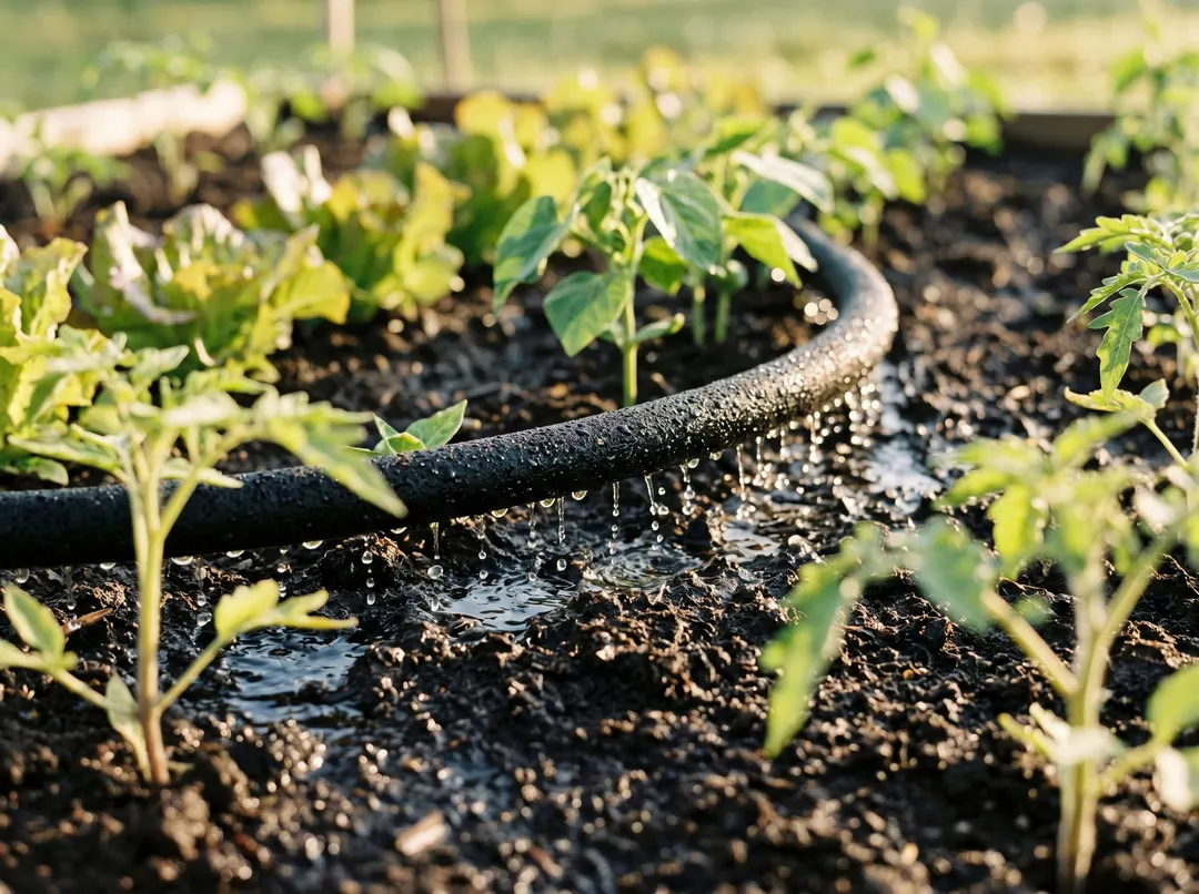 Tuyau poreux d’arrosage entre les légumes