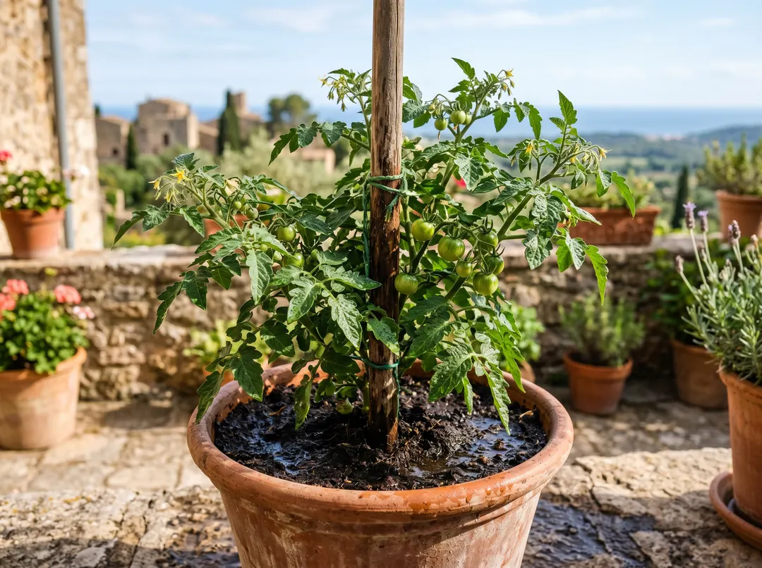 Plant de tomate en grand pot sur une terrasse, arrosé régulièrement