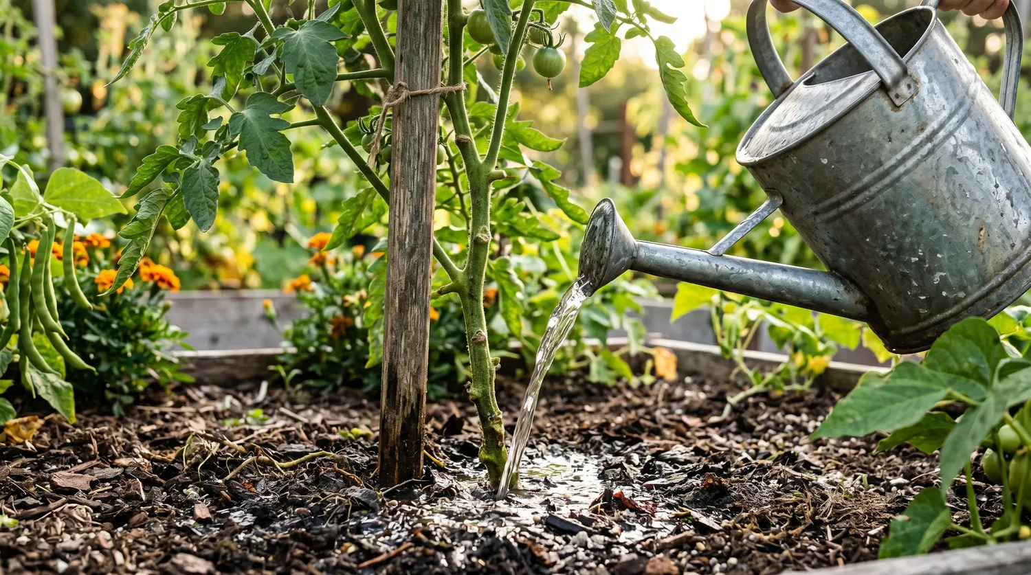 Arrosoir versant de l'eau au pied d'un plant de tomate au potager