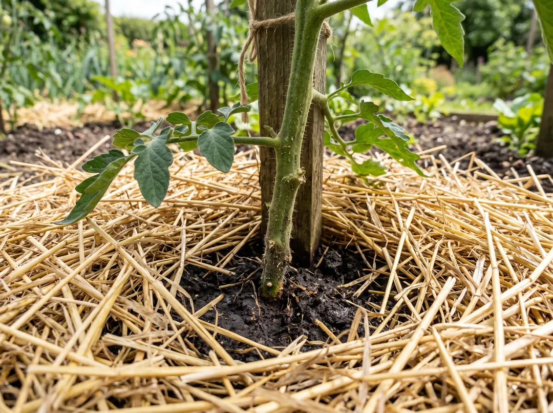 Pied de tomate paillé de paille pour conserver l'humidité du sol