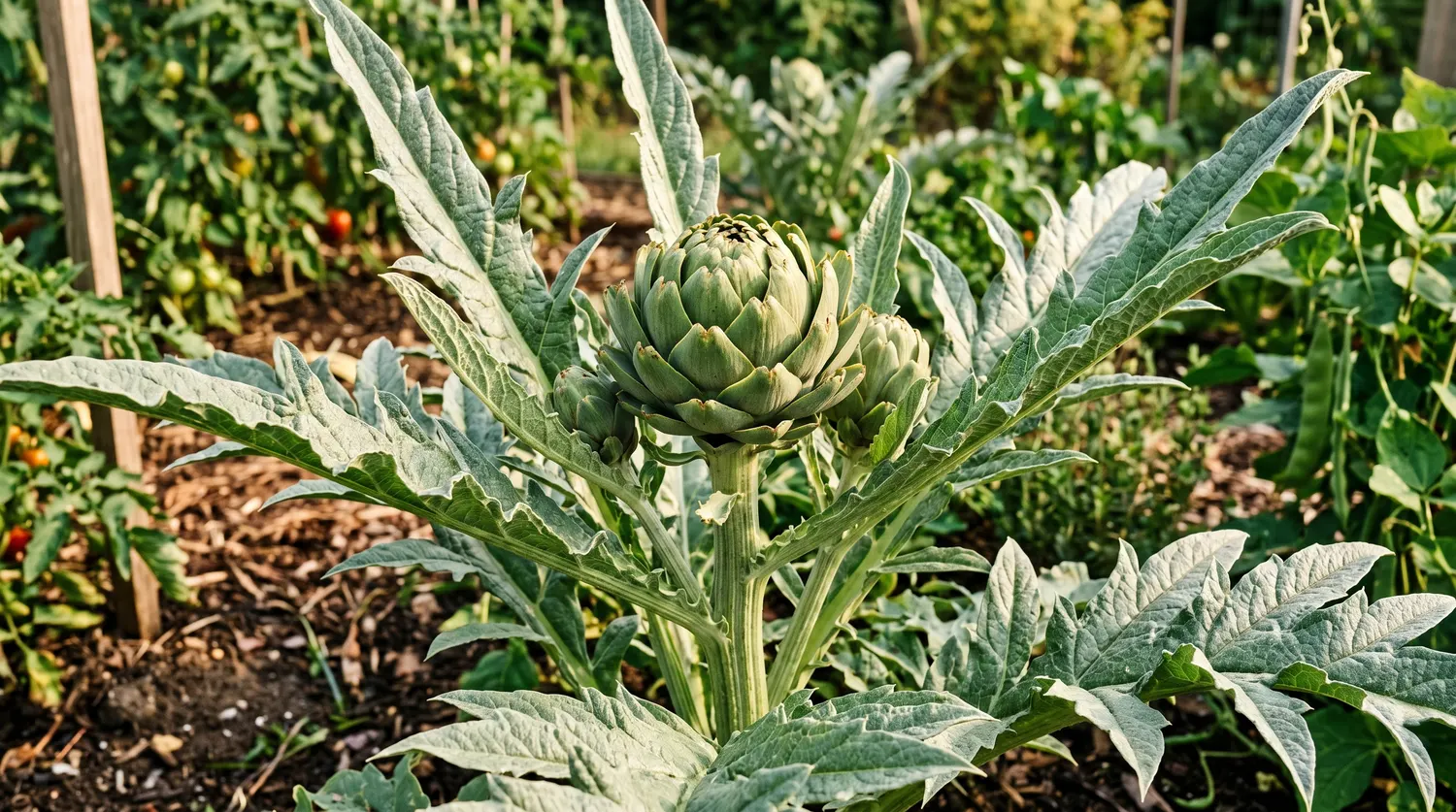 Pied d'artichaut au potager avec grandes feuilles argentées et tête en formation