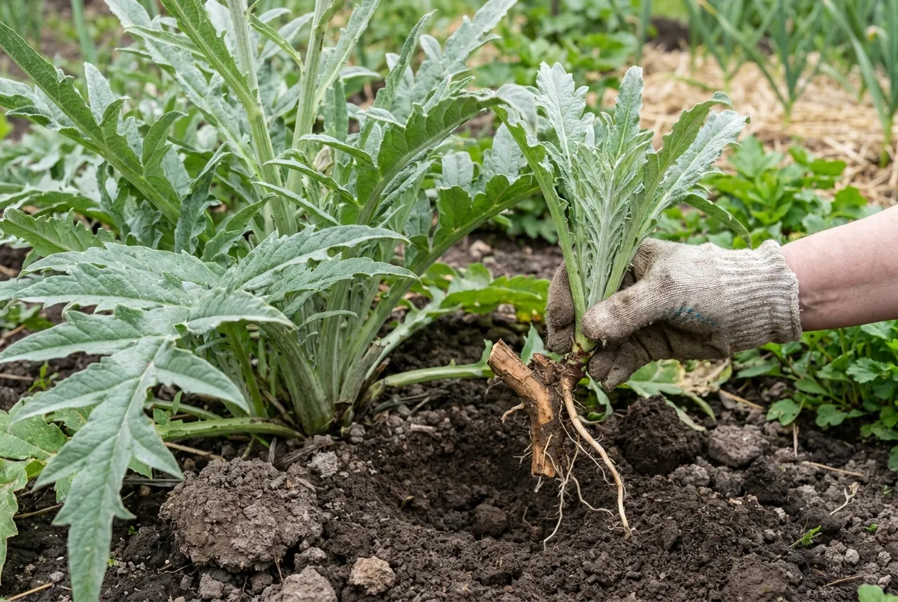 Œilleton d'artichaut de 20 à 25 cm prélevé avec ses racines au pied de la souche mère