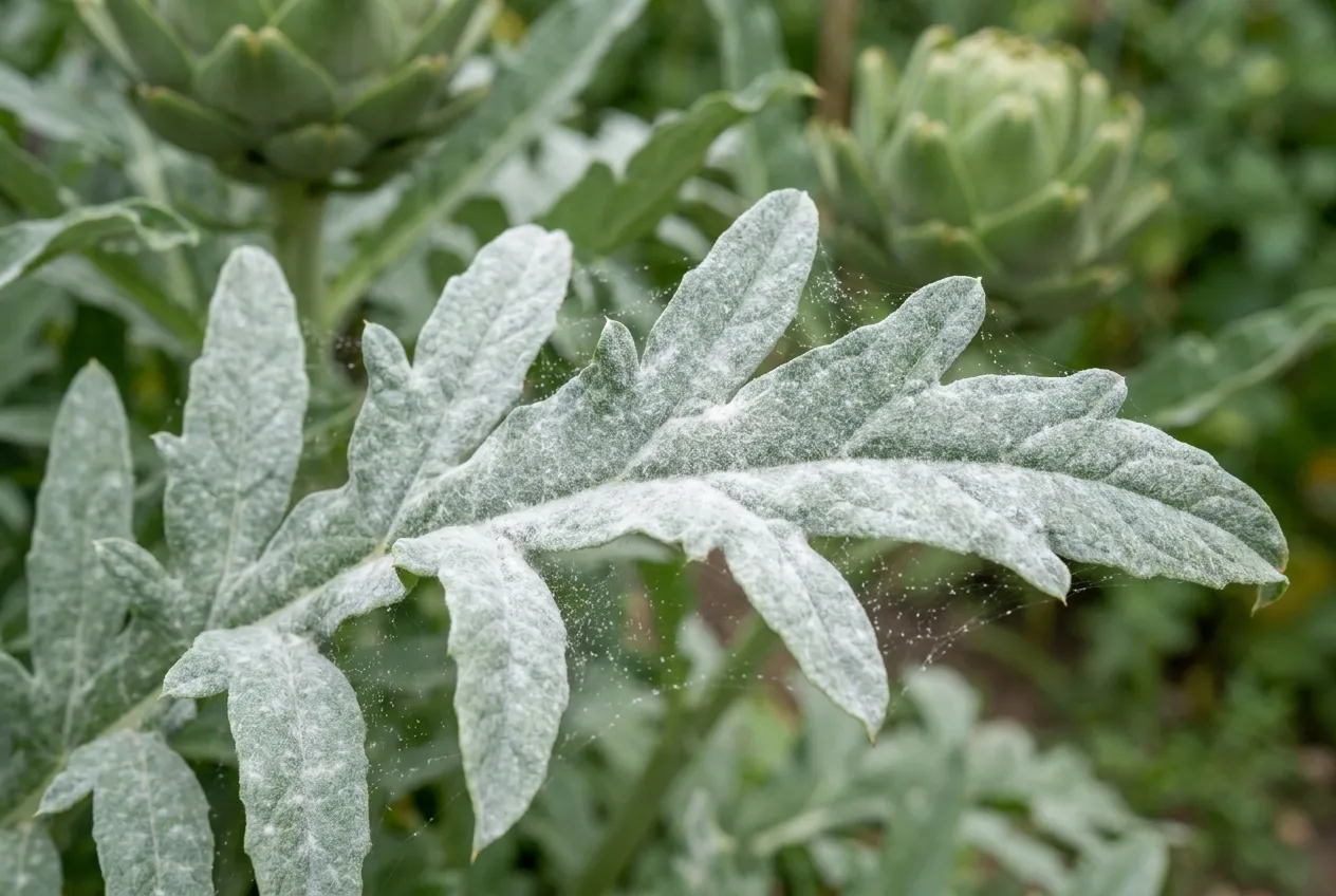 Feuille d'artichaut couverte du feutrage blanc de l'oïdium