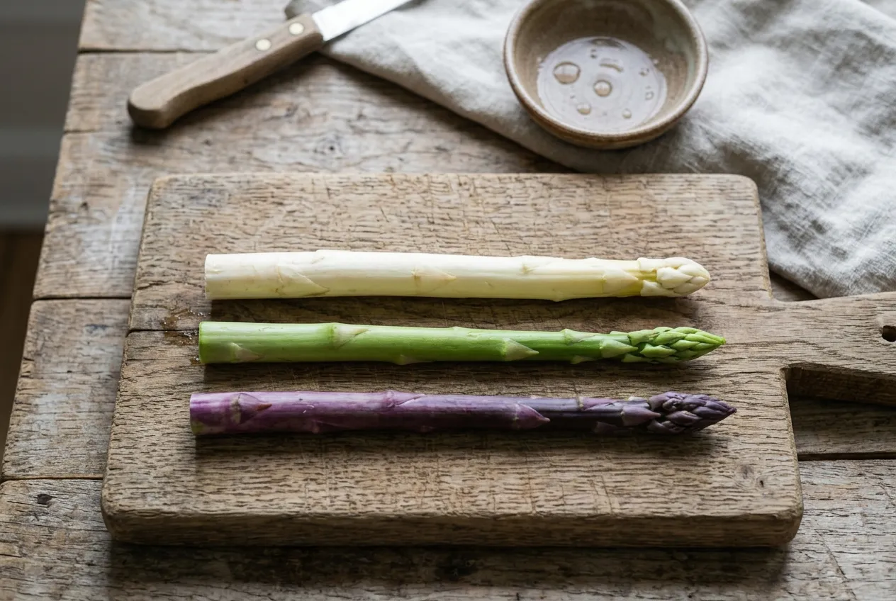 Trois turions d'asperge côte à côte : asperge blanche, asperge verte et asperge violette