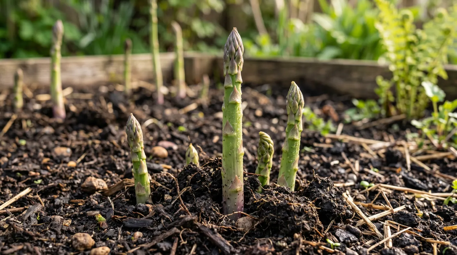 Turions d'asperge verte sortant de terre dans une aspergeraie au printemps