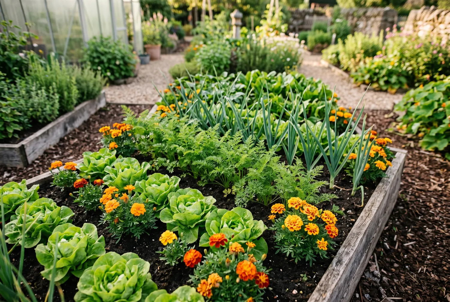 Diversité de légumes et fleurs dans un potager en permaculture