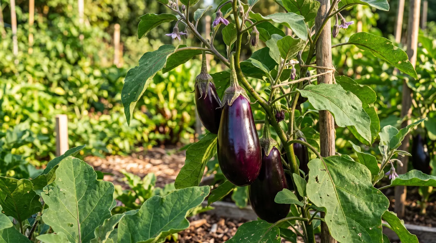 Aubergines violettes brillantes pendant à un plant au potager ensoleillé