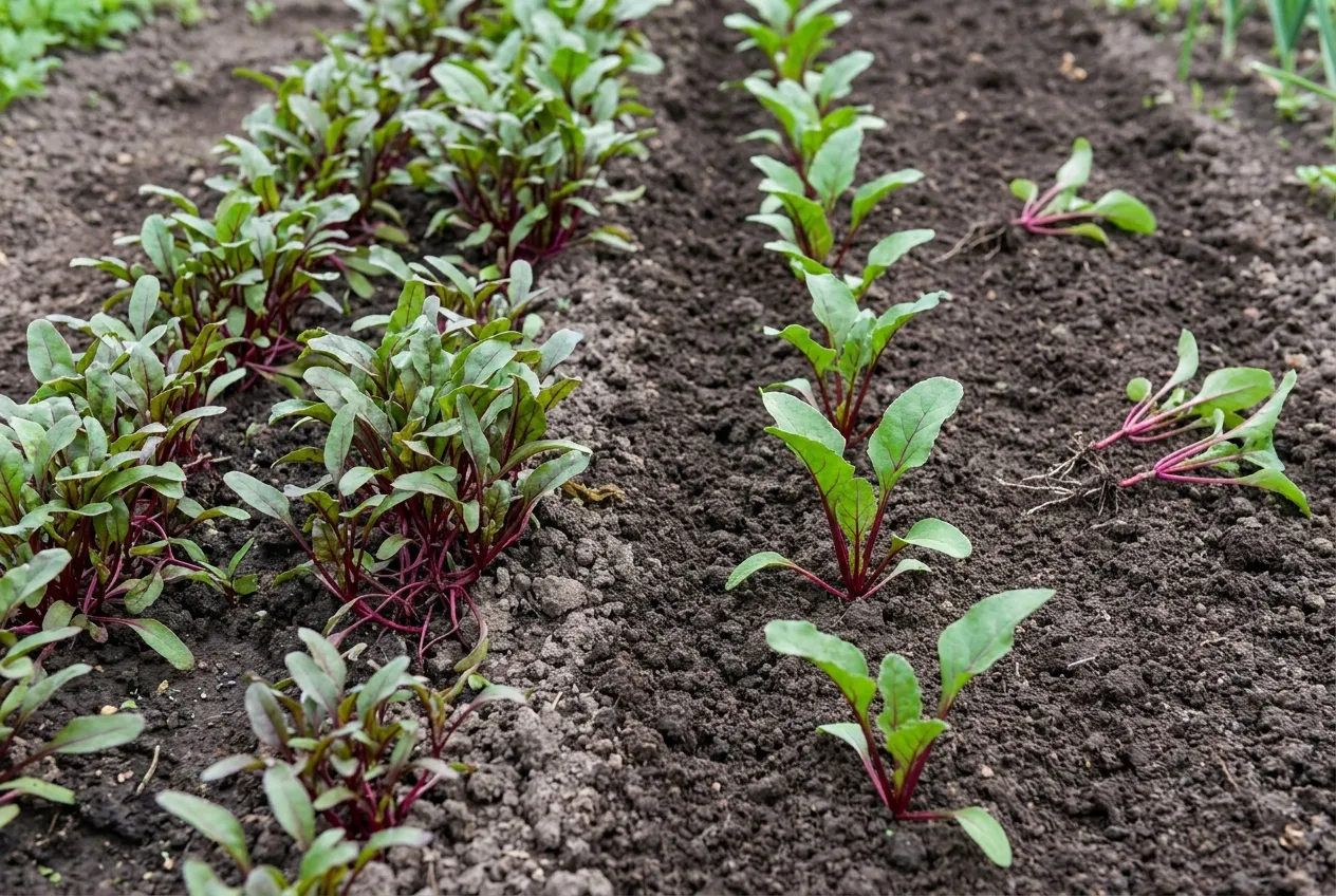 Éclaircissage des betteraves : jeunes plants levés en touffe d'un côté, rang éclairci à un plant de l'autre