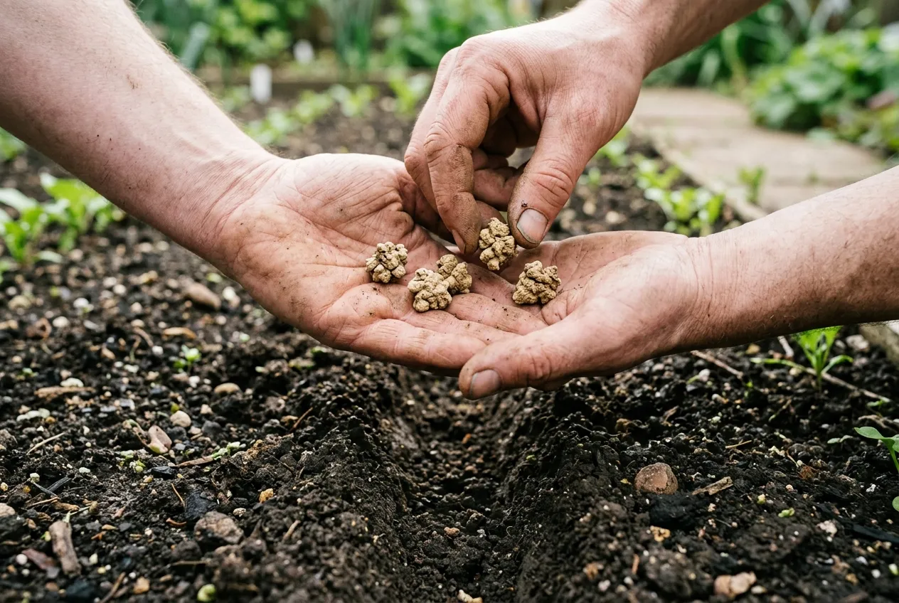 Glomérules de betterave dans la main, au-dessus d'un sillon tracé dans la terre pour semer