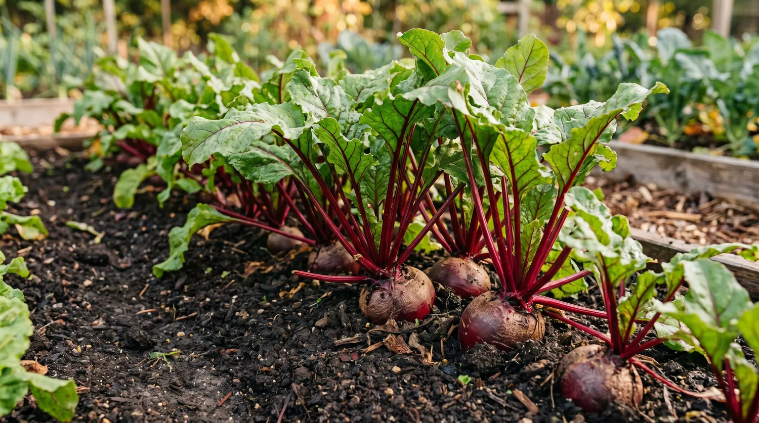 Betteraves rouges poussant en rang au potager avec tiges rouges et feuillage vert