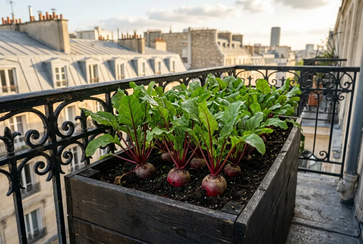 Betteraves rondes cultivées dans une jardinière profonde sur un balcon parisien