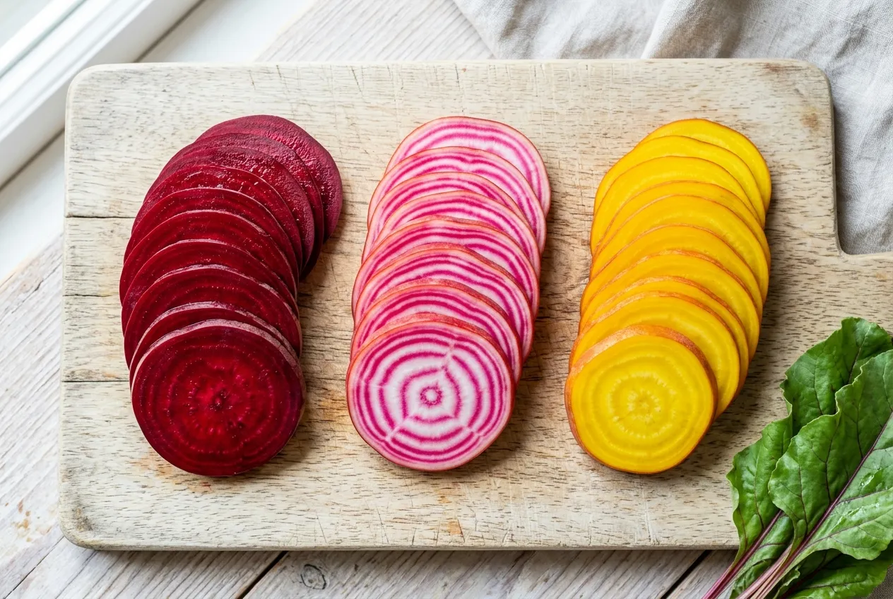 Rondelles de plusieurs variétés de betterave : rouge, Chioggia à anneaux roses et blancs, et jaune