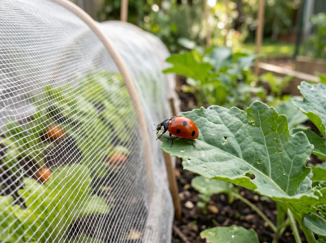 Coccinelle sur une feuille près d’une rangée protégée par un voile anti-insectes