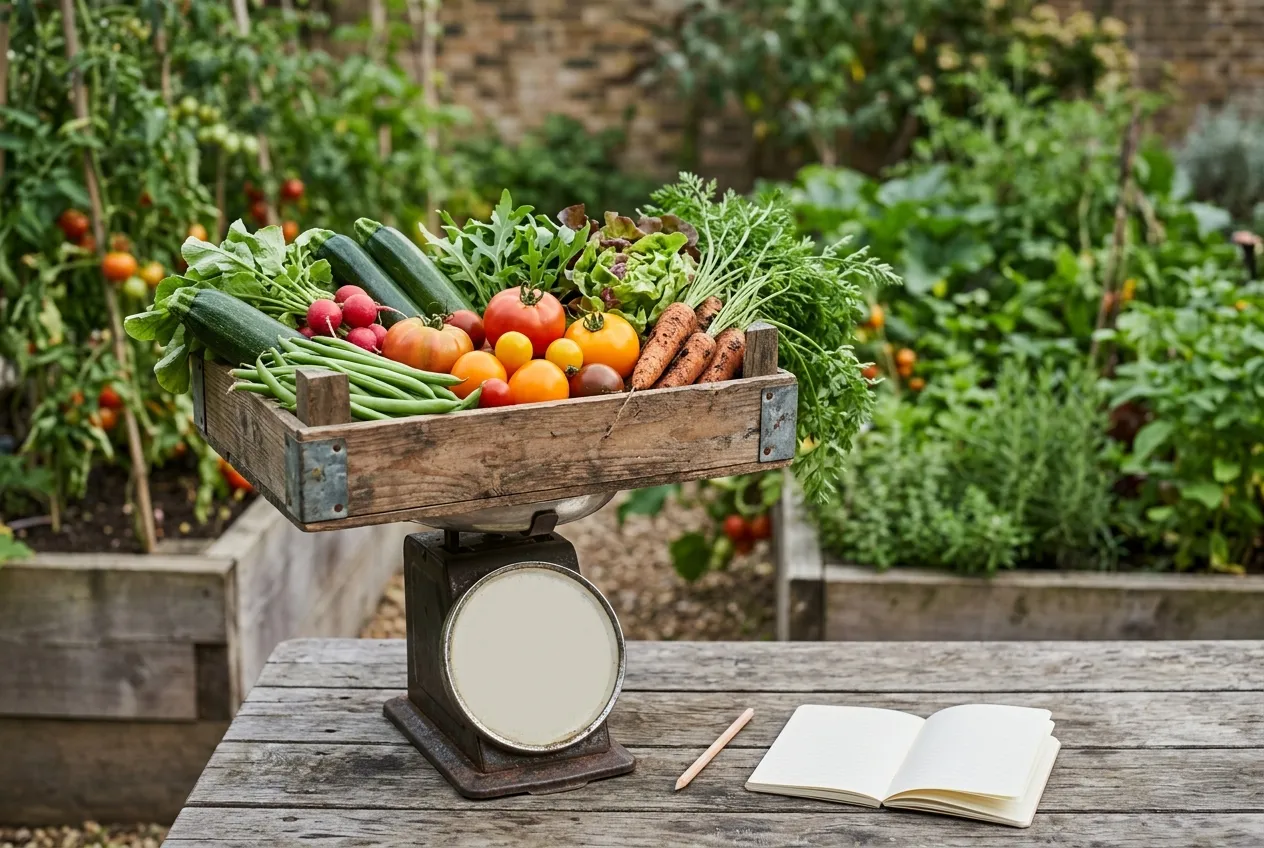 Cagette de récolte du potager bio posée sur une balance de cuisine rustique