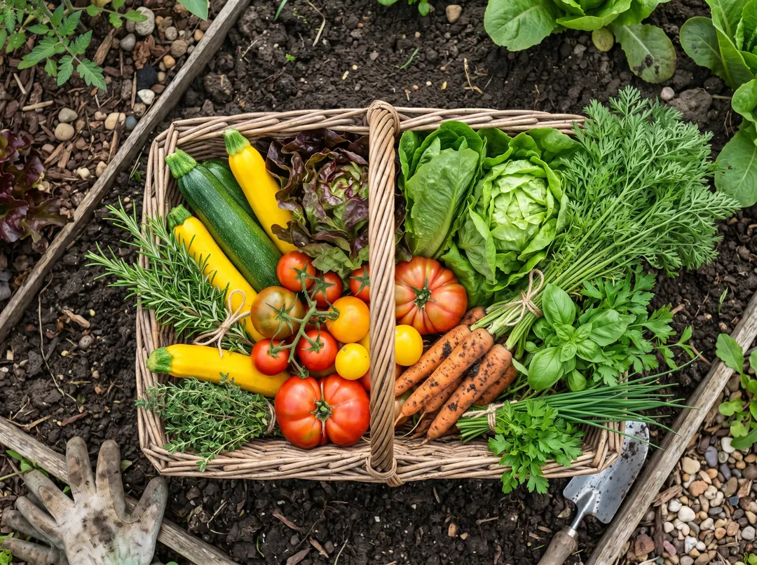 Panier de légumes bio fraîchement récoltés posé sur la terre du potager