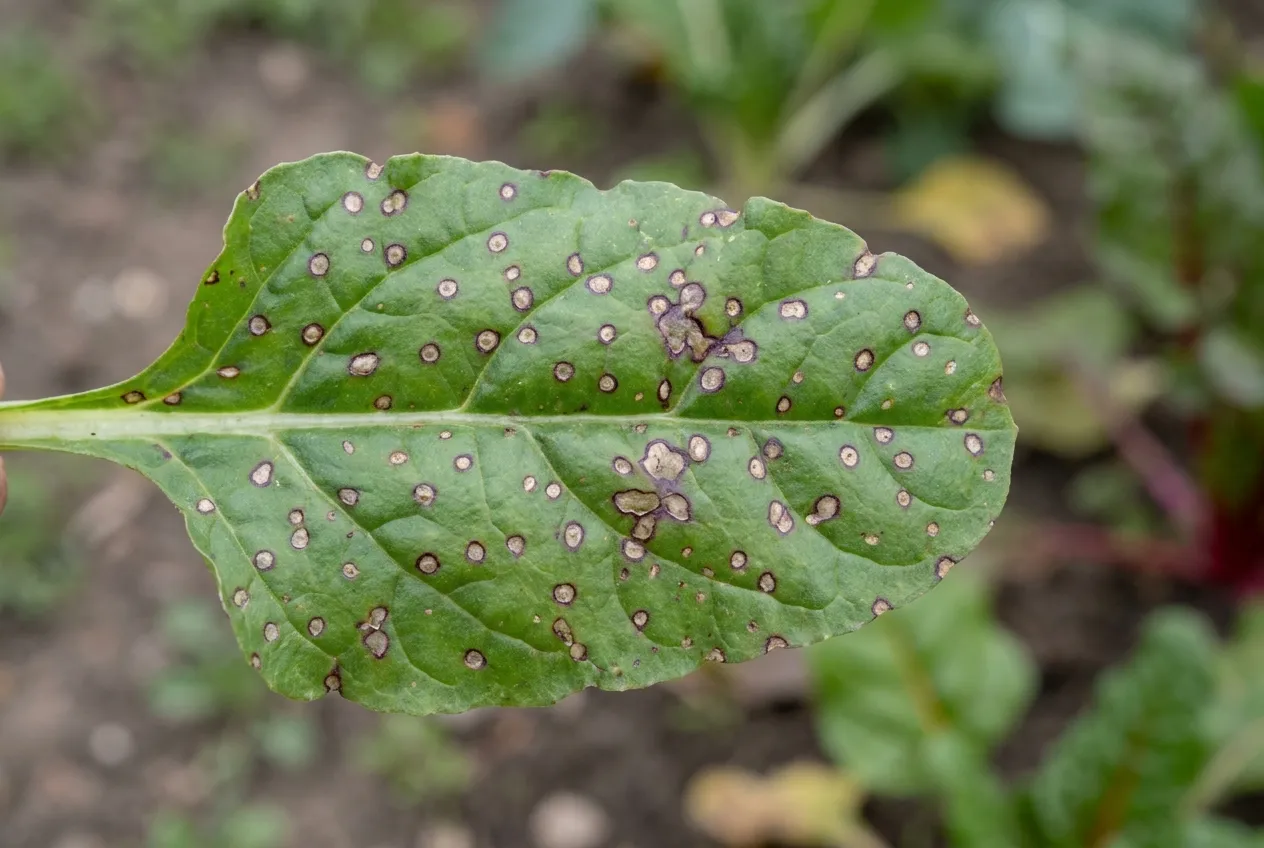 Feuille de blette marquée des taches rondes brunes de la cercosporiose