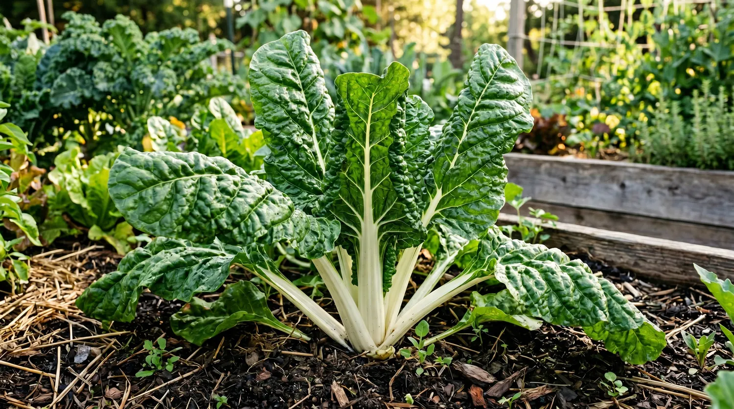 Pied de blette au potager avec grandes feuilles vertes gaufrées et cardes blanches