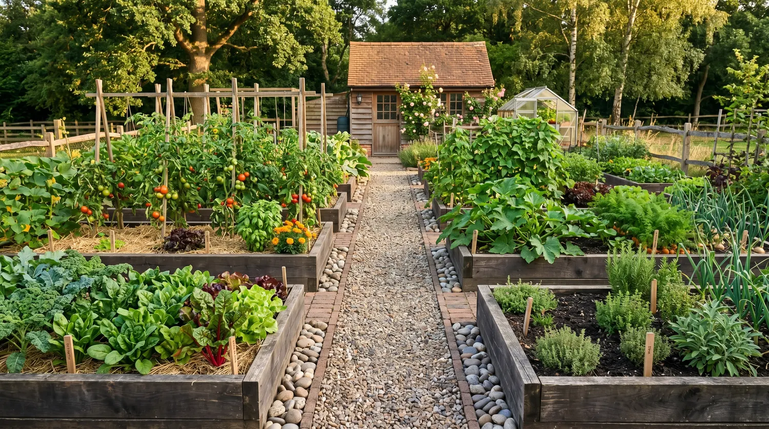 Potager net avec de belles bordures de planches délimitant les planches de culture et les allées