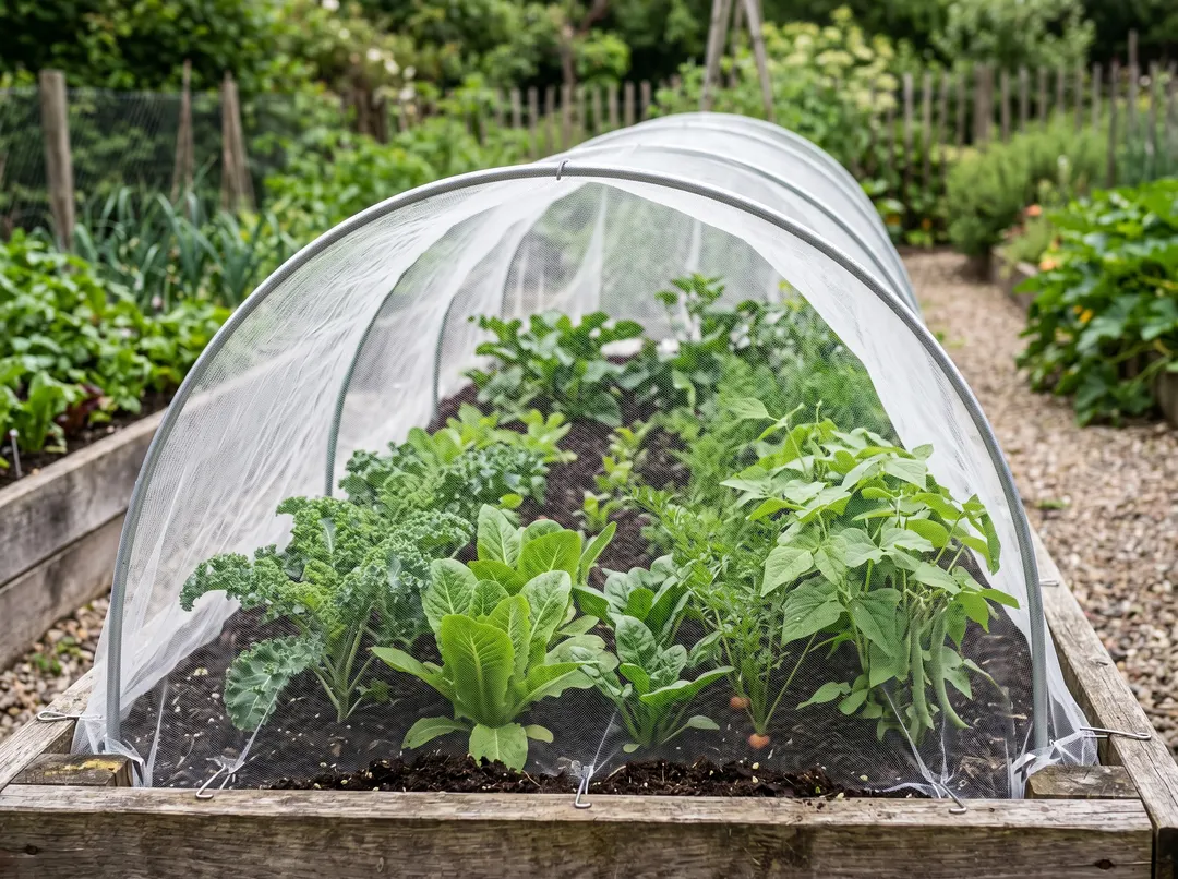 Planche de légumes protégée par un filet anti-insectes posé sur des arceaux