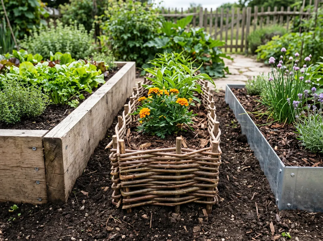 Comparaison de matériaux de bordure de potager : planches de bois, osier tressé et acier