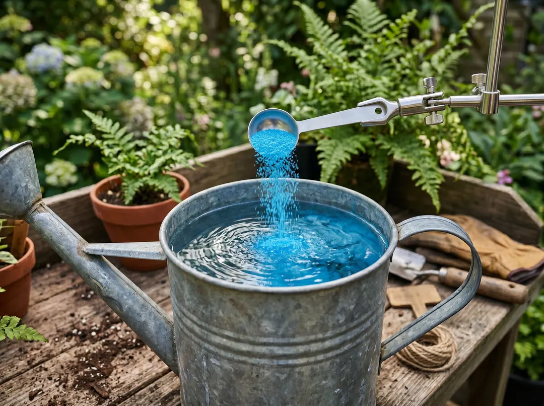 Poudre de sulfate de cuivre bleue dosée dans un arrosoir d'eau