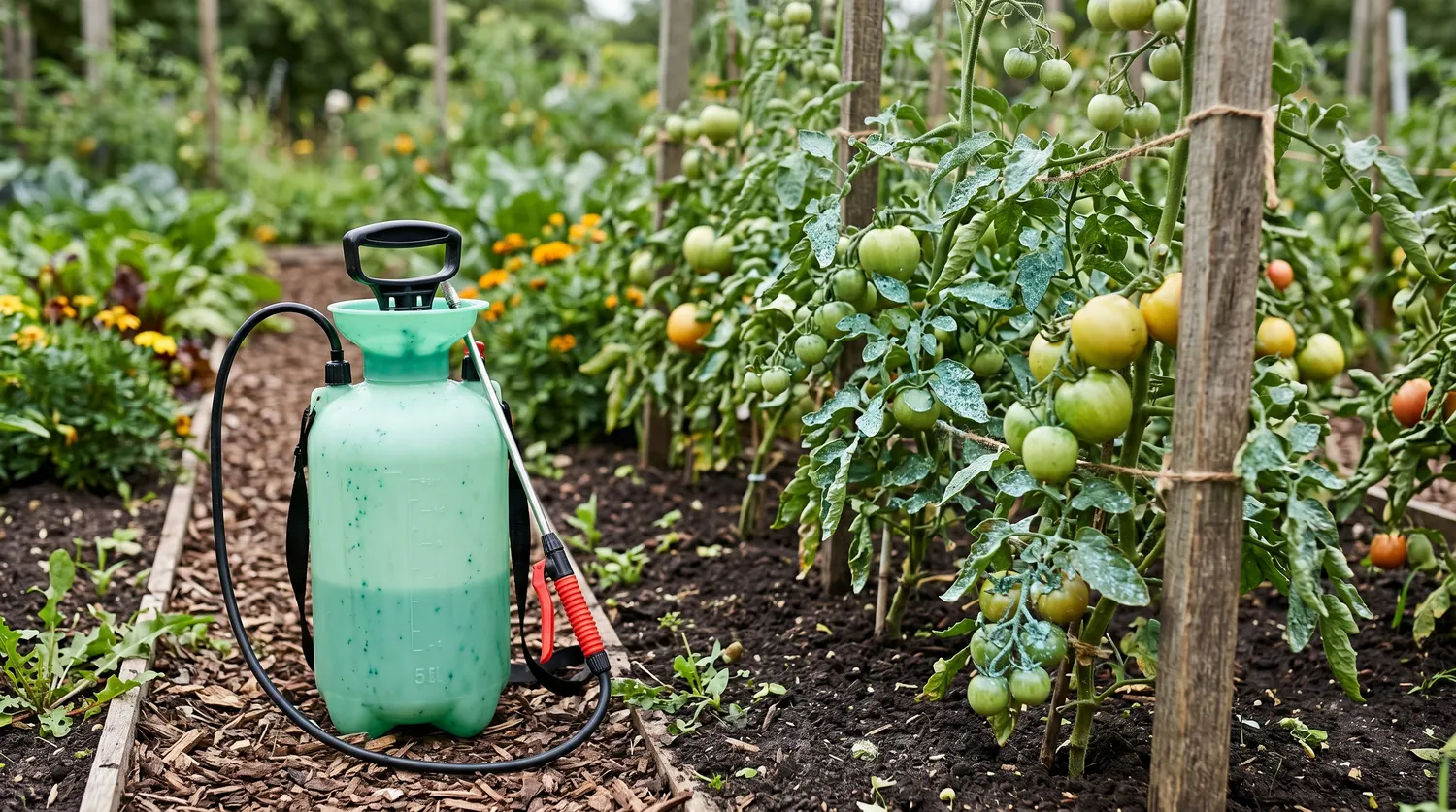 Pulvérisateur de jardin près de plants de tomates traités à la bouillie bordelaise bleue