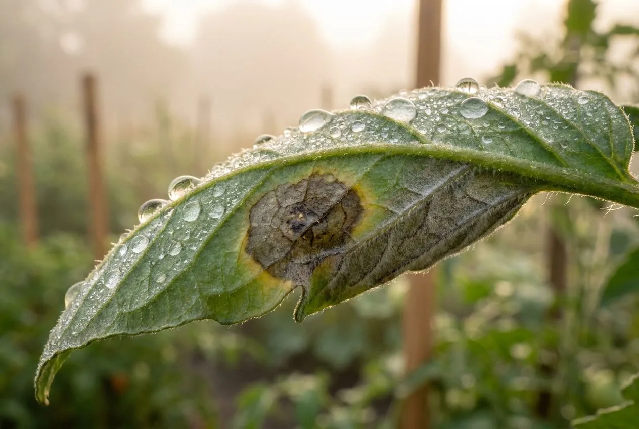 Feuille de tomate couverte de rosée avec une tache de mildiou et un duvet blanc au revers