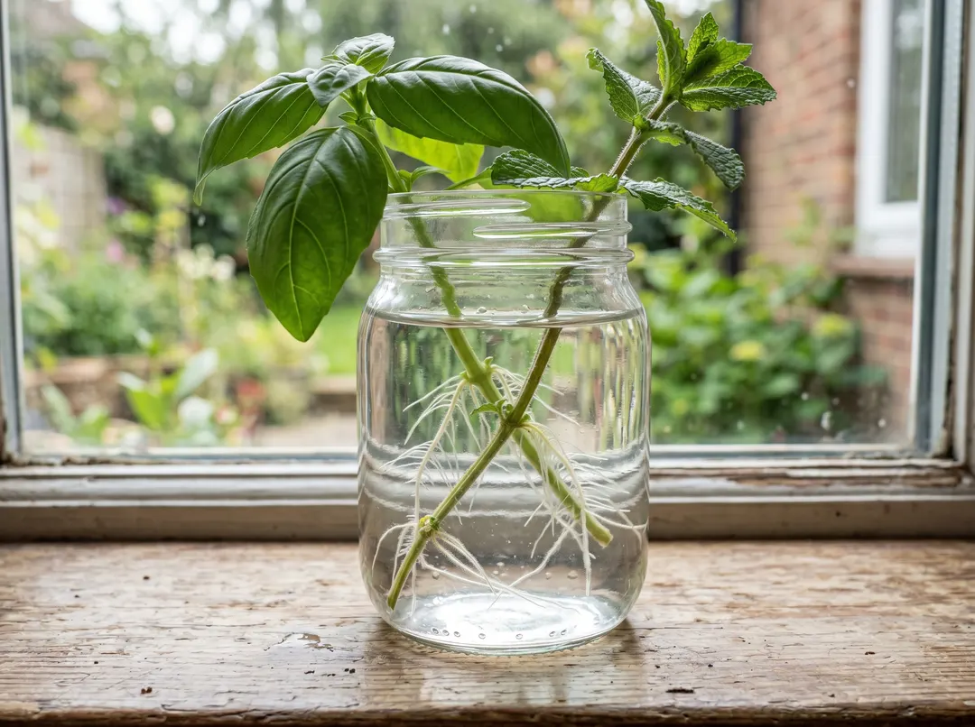 Boutures de basilic et de menthe développant des racines blanches dans un bocal d'eau