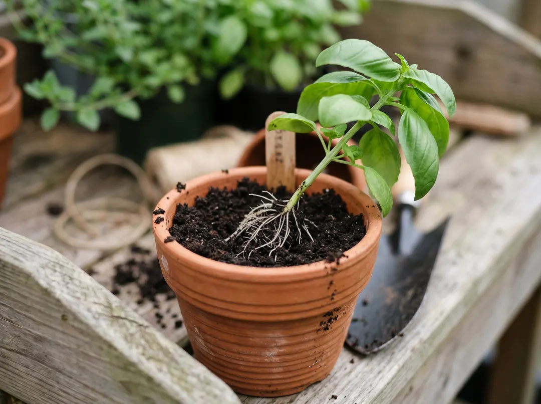 Bouture d'aromatique racinée repiquée dans un petit pot de terreau