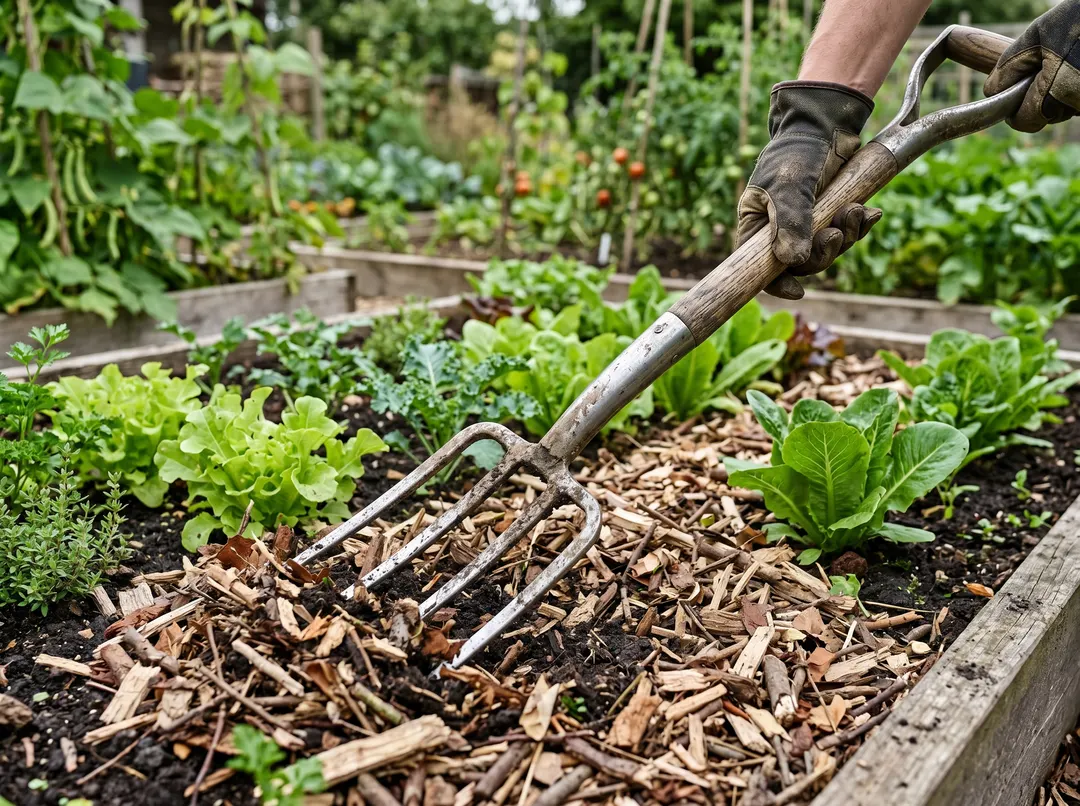 Épandage de bois raméal fragmenté à la fourche sur une planche de potager
