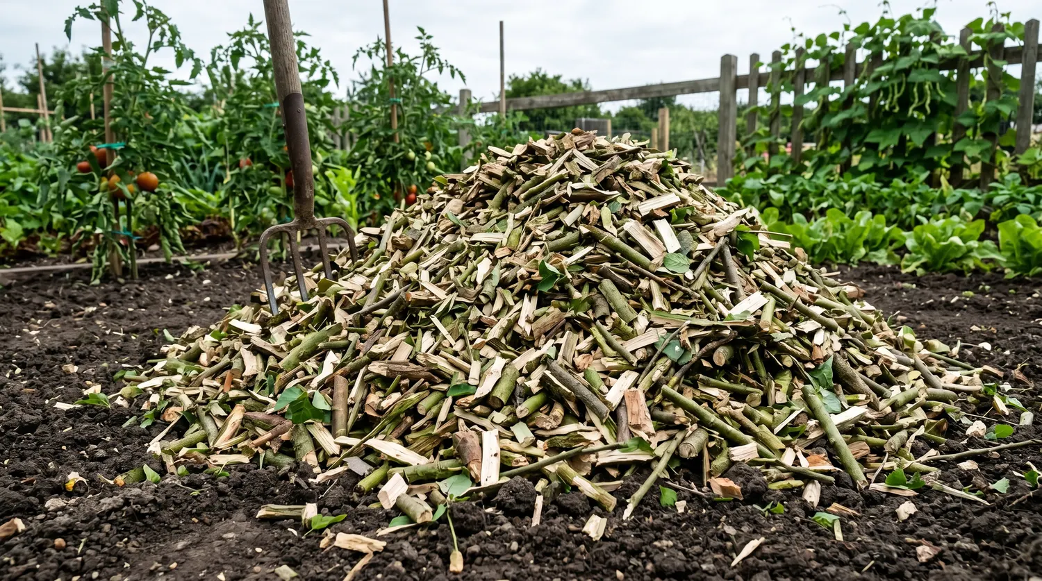 Tas de bois raméal fragmenté (BRF) fraîchement broyé au jardin