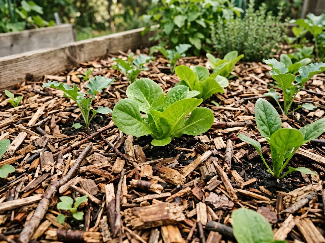 Planche de potager paillée de bois raméal fragmenté autour de jeunes plants