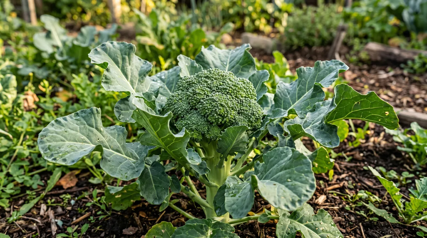 Pied de brocoli au potager avec une pomme verte dense entourée de feuilles