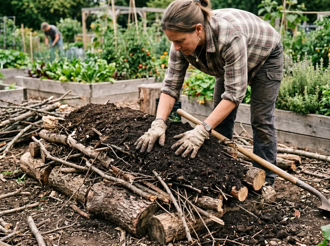 Construction d’une butte de permaculture en empilant rondins puis terre