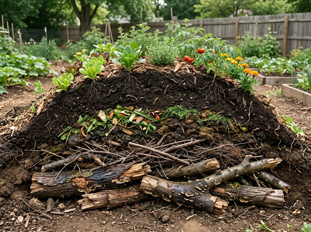 Coupe d’une butte hugelkultur montrant les couches de bois, compost et terre